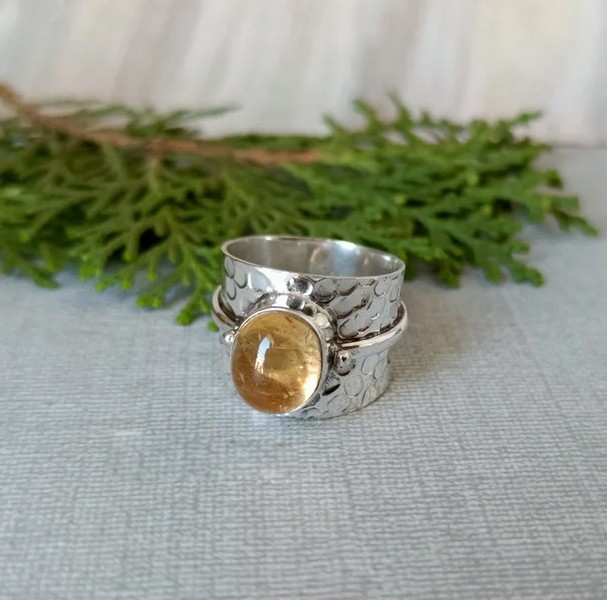 Solid 925 Sterling Silver Natural Citrine Oval Gemstone Hammered Wide Band Ring