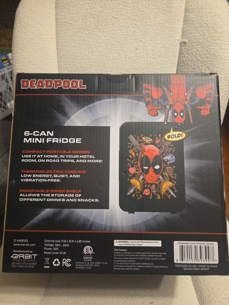 Marvel Deadpool Mini Fridge 6-Can 4L Capacity Sealed Never Opened