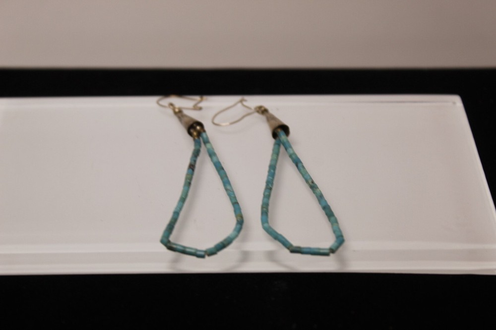Native American SS Turquoise Beaded Drop Earrings  (062PID)