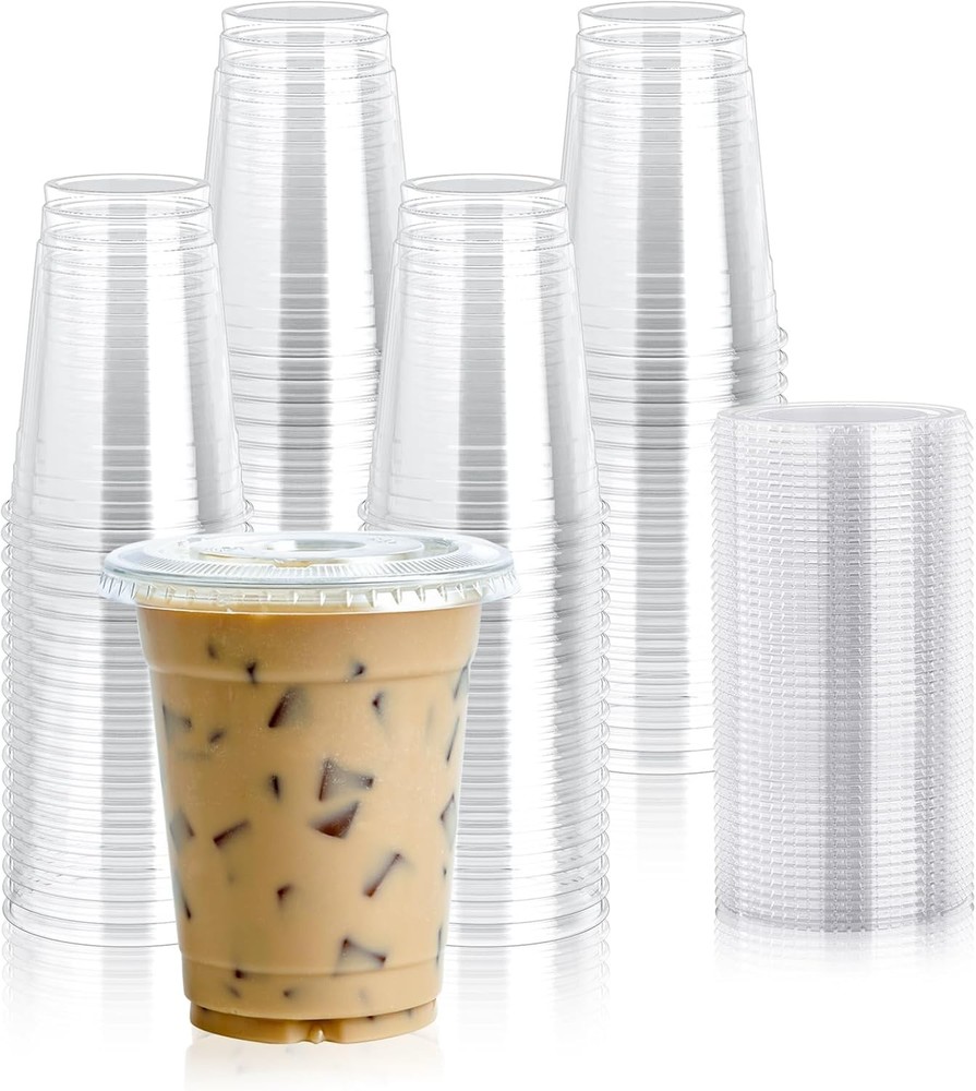 Lilymiy 100 Sets Clear Plastic Cups with Flat Lids, Disposable Drinking