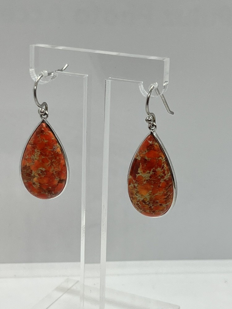 Sterling silver teardrop dangle speckled jasper stone earrings