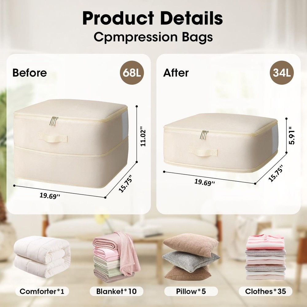 4 Pack Comforter Storage Bag, 68L Blanket Storage Bags Self Compression Comfo...