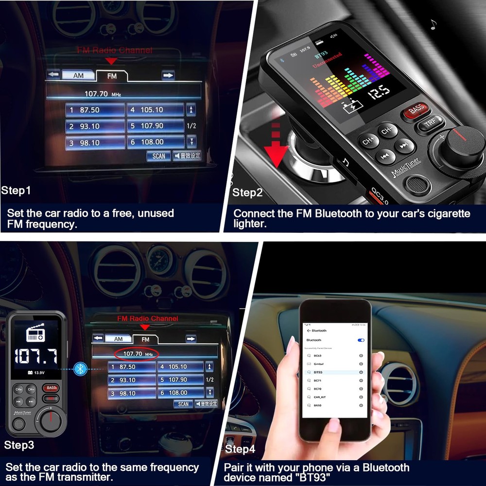 Bluetooth FM Transmitter - Car Adapter Hands Free 1.8 Screen, Microphone, QC3.0