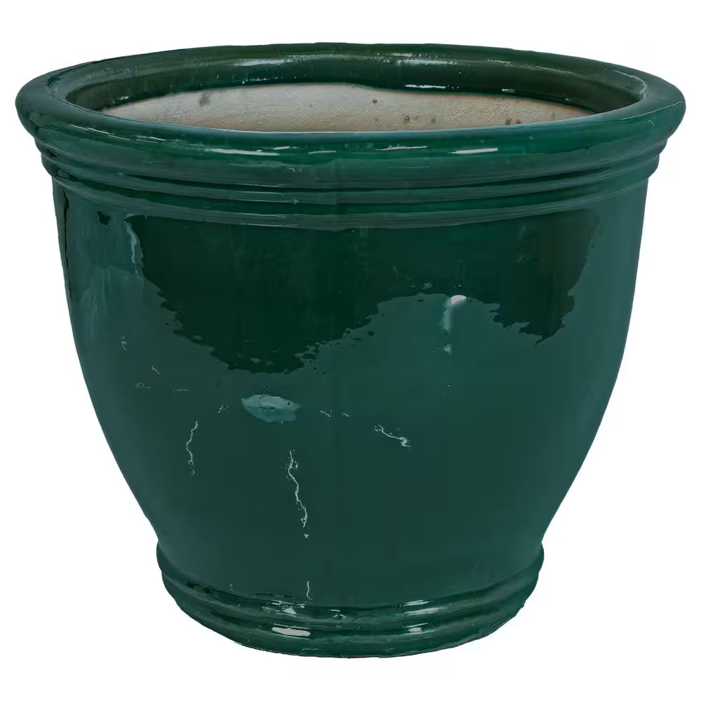 15 In. Studio High-Fired Glazed Ceramic Planter-Dark Green