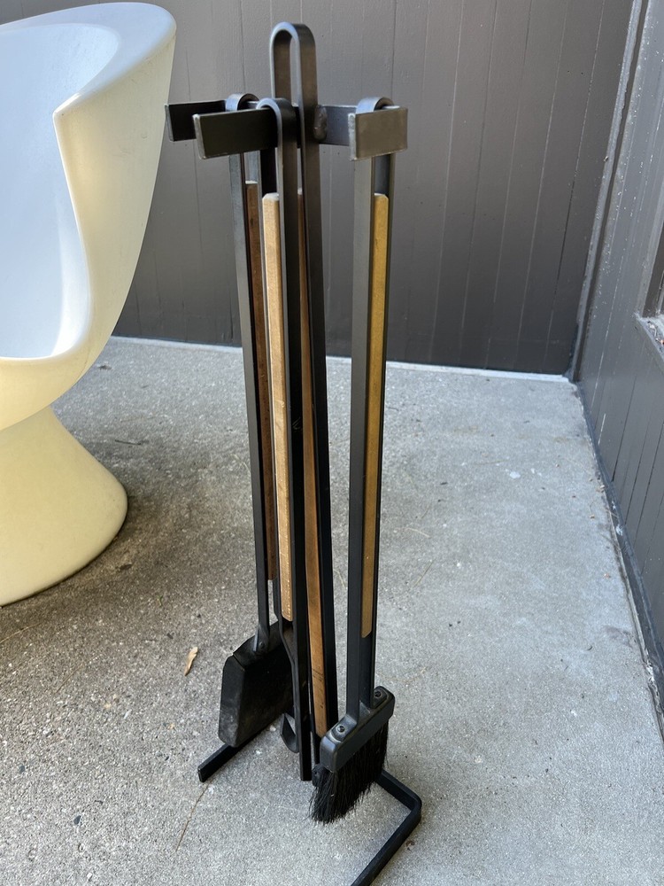 Mid Century Iron & Wood Fireplace Tool Set