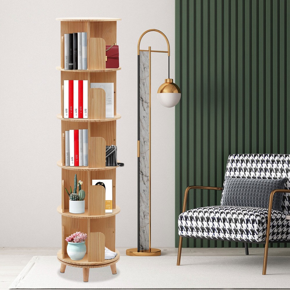 5 Tier 360 Rotating Bookshelf Bookcase Storage Shelf Freestanding Display Rack