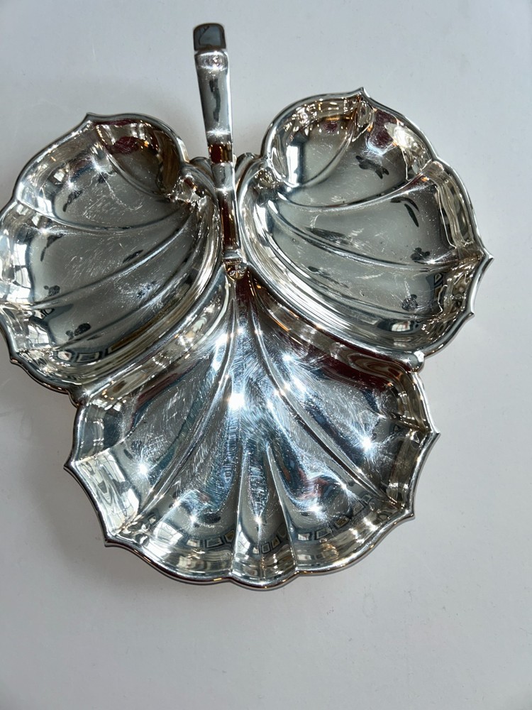 Vintage Crescent Silverplate Triple Leaf Serving Dish with Handle, 10" x 10"