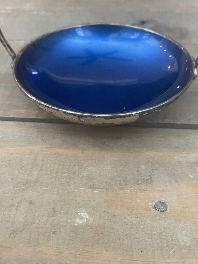 Vintage Denmark 411 Blue Enamel & Silver Plated Handled Candy Dish