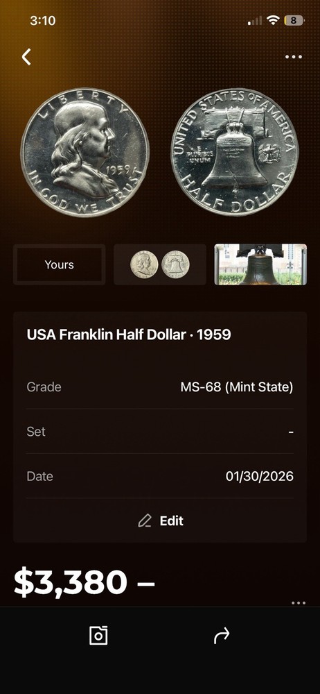 1959 Franklin Half Dollar Proof Full Bell Line