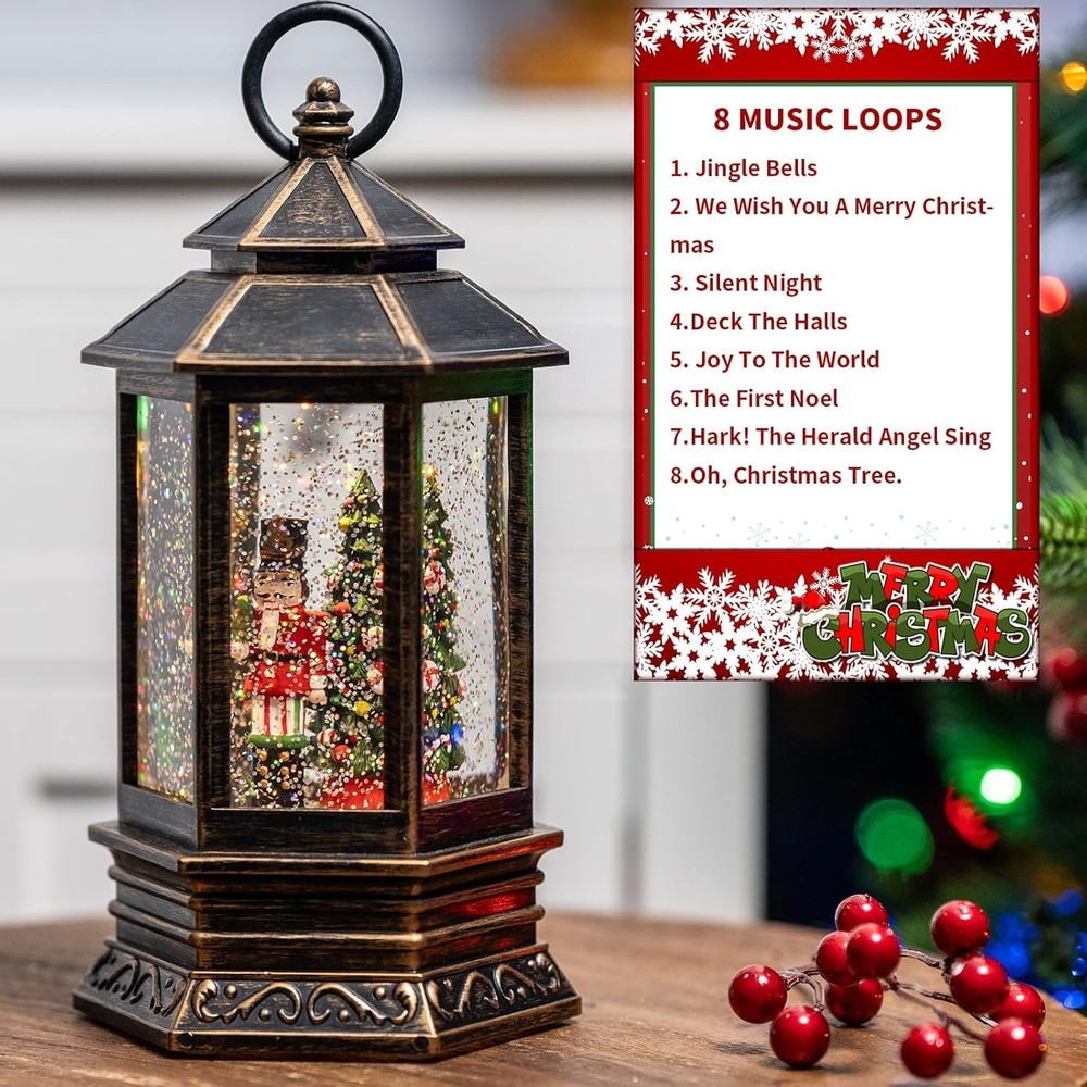Musical Christmas Snow Globe Lantern Lighted Nutcracker Tree Glitter Decor