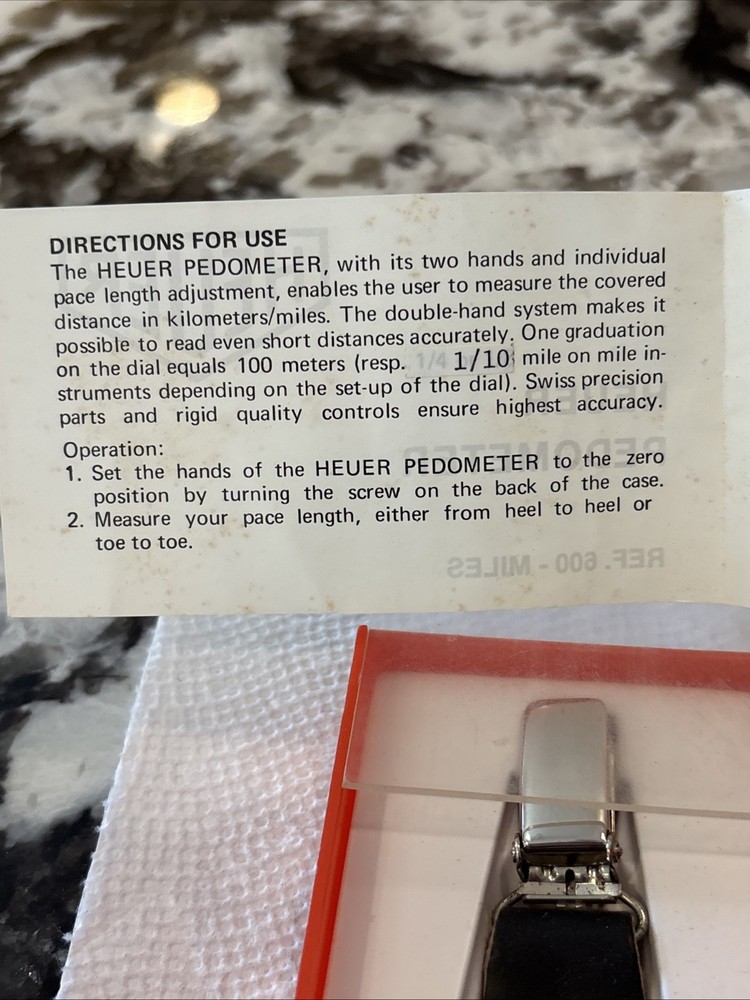 VINTAGE HEUER PEDOMETER REF. 600 MILES ORIGINAL BOX & INSTRUCTIONS