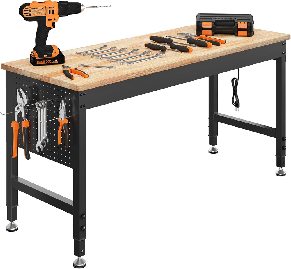60" Adjustable Heavy Duty Workbench, 2000 LBS Load Capacity Rubber Wood Work Tab
