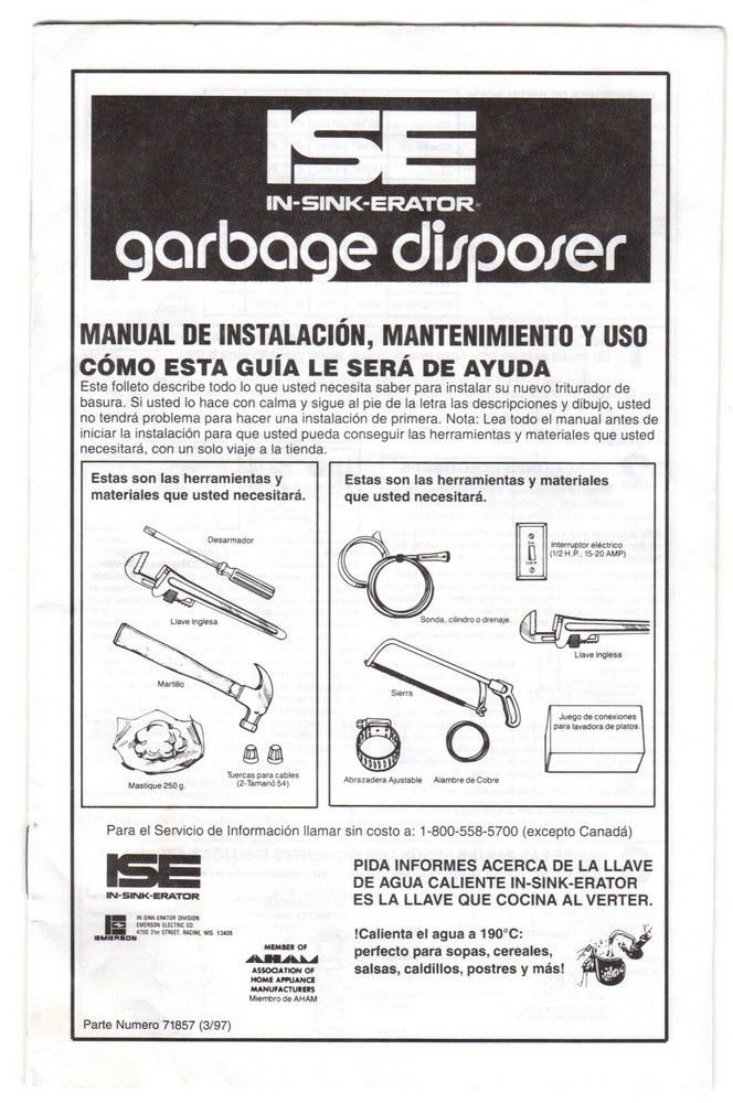 Insinkerator Garbage Disposer Installation, Care & Use Manual For Many Models