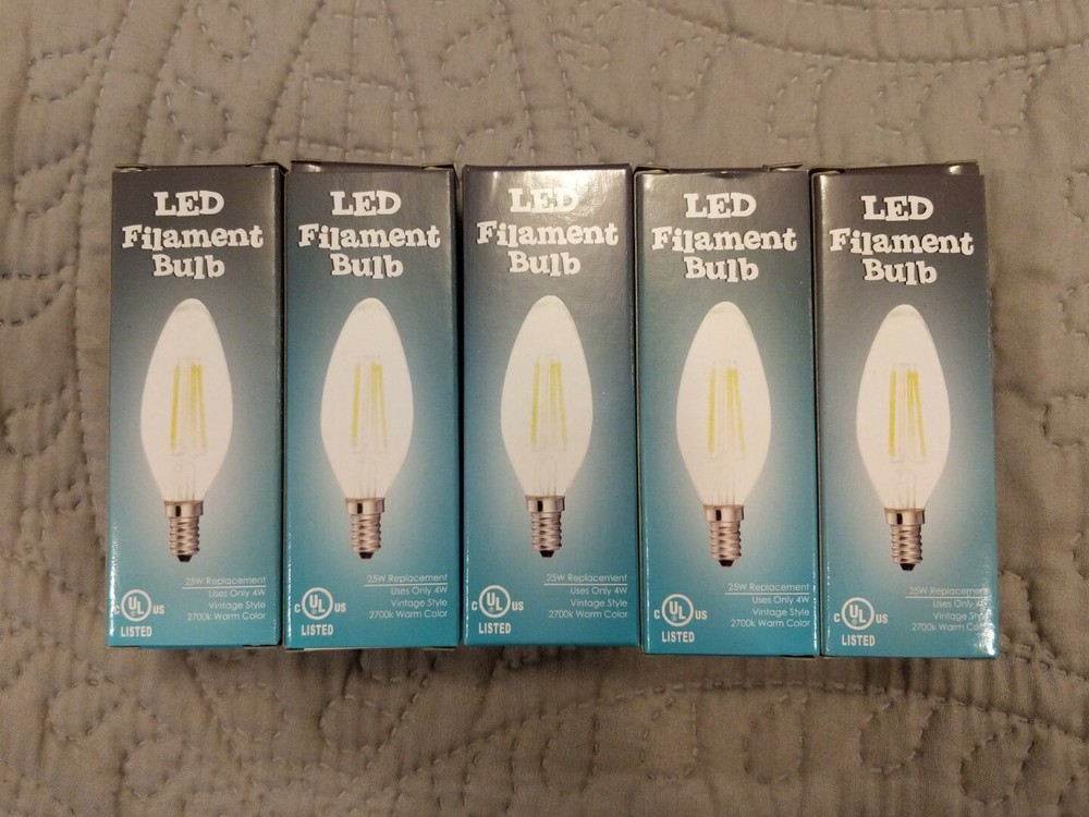 Pack of 5 LED Filament 25W Candelabra Dimmable Bulbs. 2700k Warm Color. E12