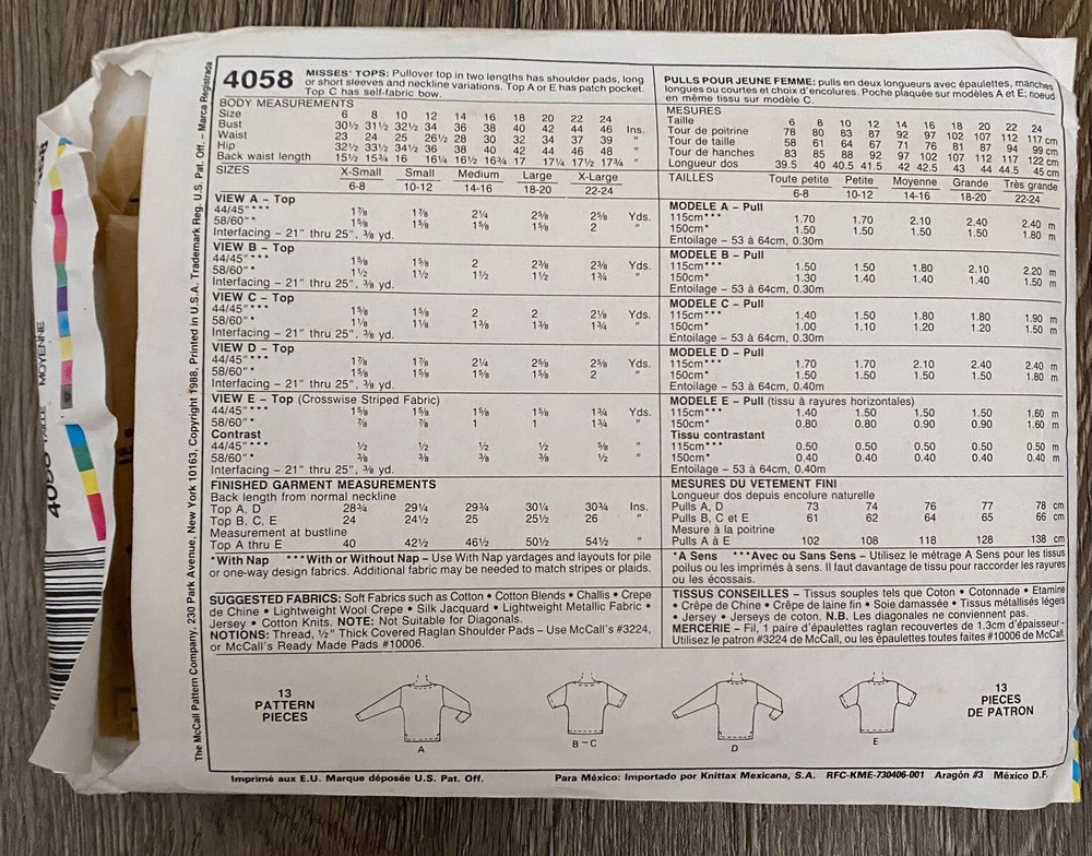 80s Misses Pullover Tops Size Medium Bust 36-38 McCalls 4058