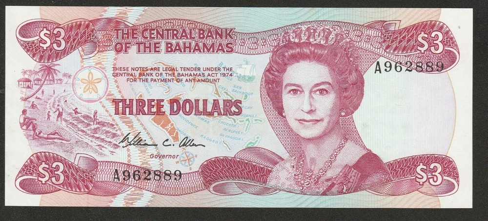 1974 (84) BAHAMAS 3 DOLLAR NOTE UNC