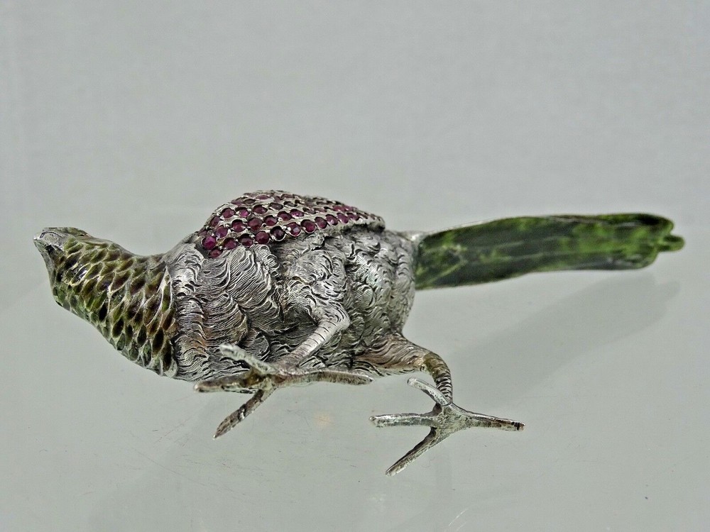 ANTIQUE AUSTRIAN Vienna SILVER ENAMEL MINIATURE BIRD PHEASANT gemset real ruby