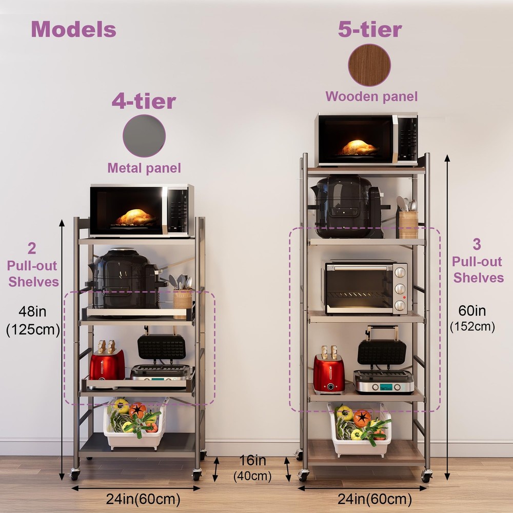 4-Tier Pull Out Kitchen Baker's Rack with Wheels, Heavy Duty Metal Microwave ...