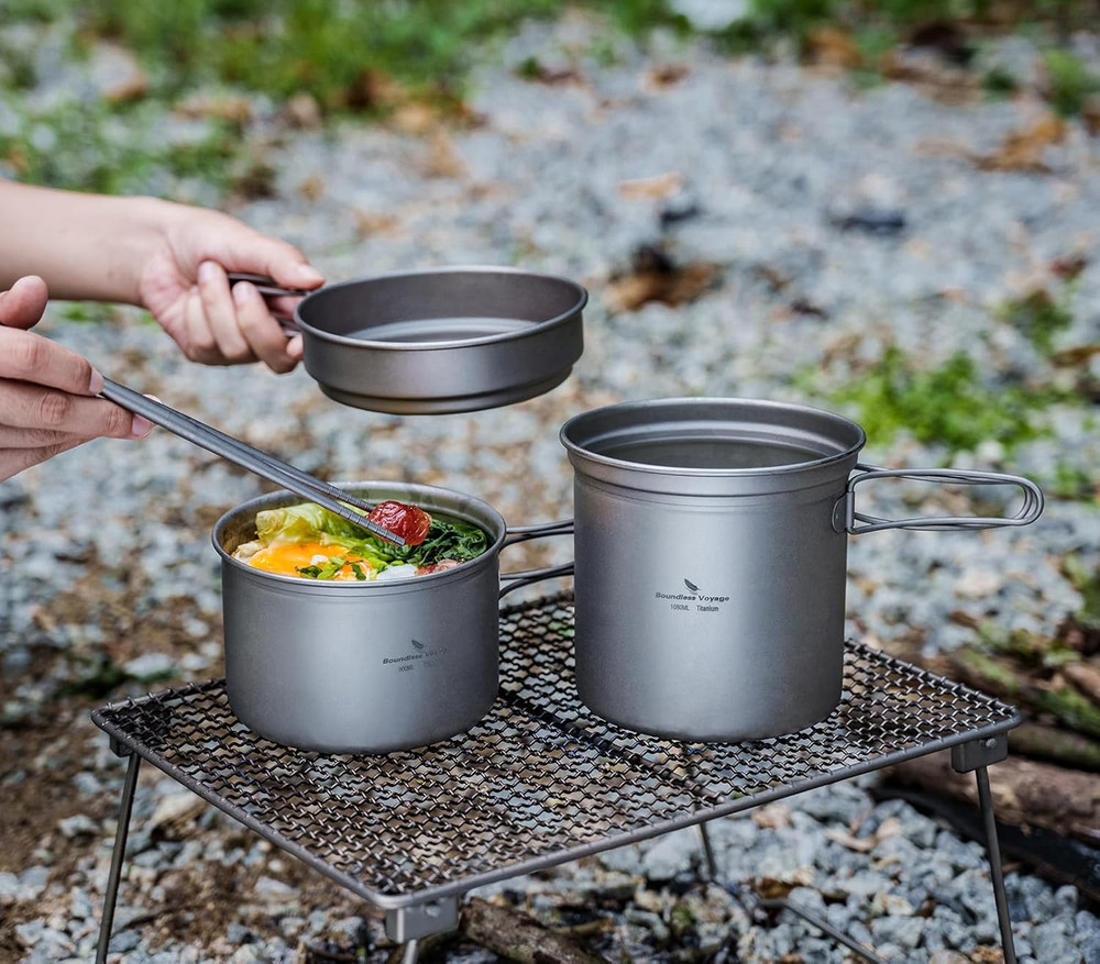 Titanium Pot Pan Set with Folding Handle - Ultralight Portable Outdoor Cookware