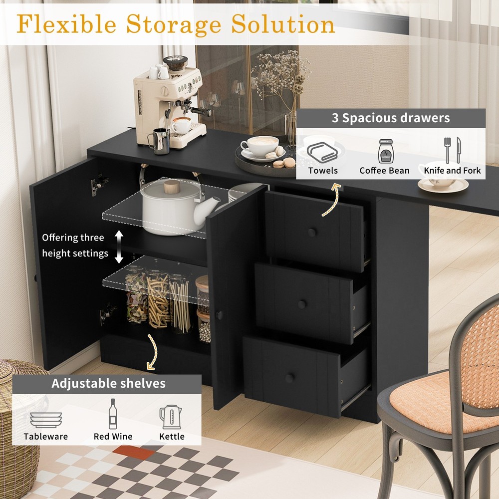 89.7''Wooden Sideboard Multifunctional Storage Cabinet with Extendable Table