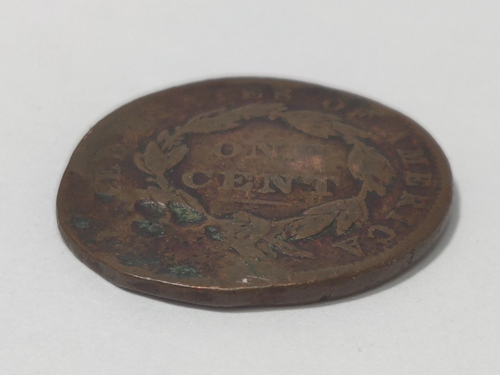 1837 LARGE CENT CORONET HEAD DAMAGED + BENT + SMASHED