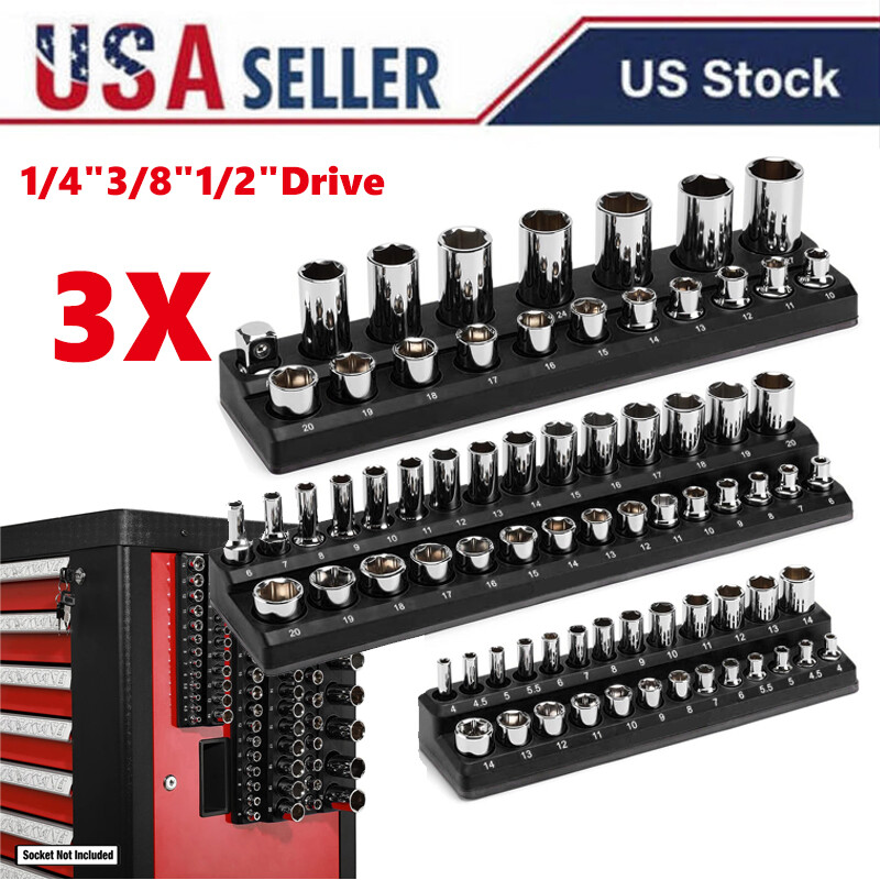 Magnetic Socket Organizer Set 3PC Socket Holder Set 1/4"3/8"&1/2"Drive Metric
