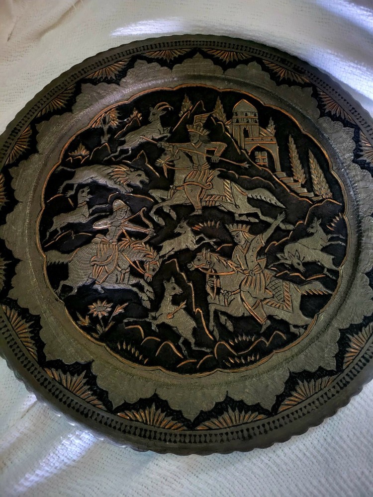 Vintage Beautiful Copper Silver Middle Eastern Tray, Display, Or Table Top