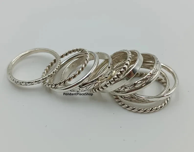 925 Sterling Silver Stacking Ring Set: Assorted Patterns, Thin & Thick All Size