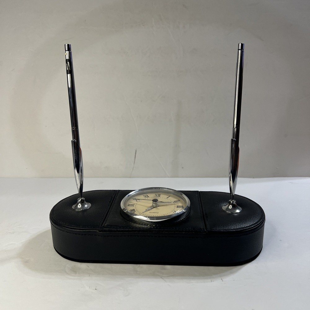 Leather Desk Clock & 2 Pens Leather Wrapped