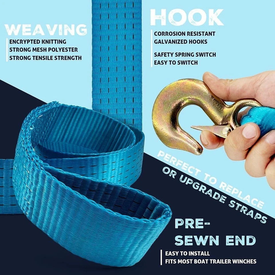 Boat Winch Strap with Hook Replacement 2" x 20 Feet-12000 Lbs Boat Winch Strap
