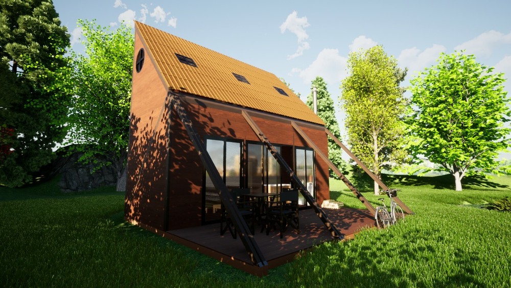 Custom Cabin A-Frame House Plan with Exterior Tiny 3D Images & PDF for Blueprint