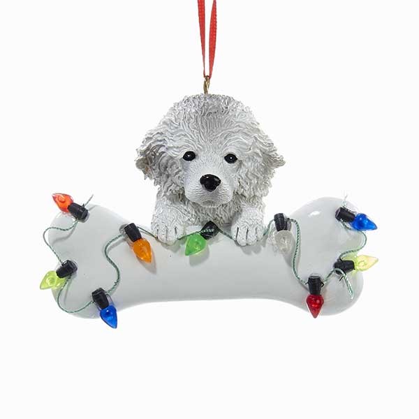 Poodle White w/Bone & Lights Ornament