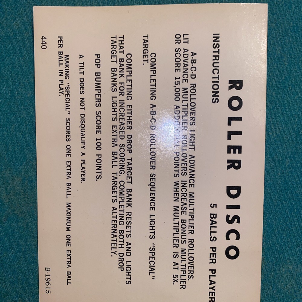Gottlieb Roller Disco instruction cards