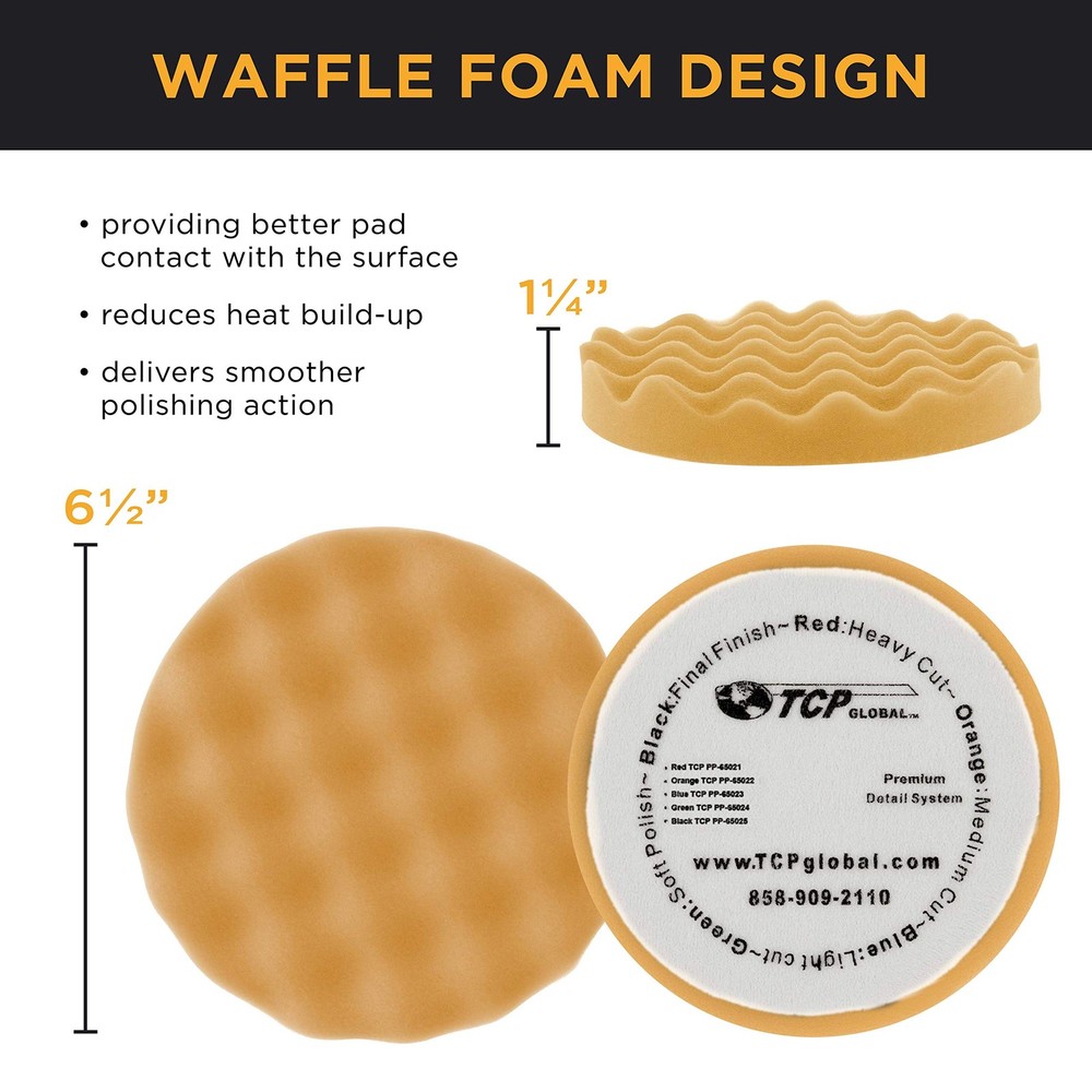 6.5" Orange Waffle Foam Buffing Pad Hook and Loop Backing - Medium Cut Pad fo...