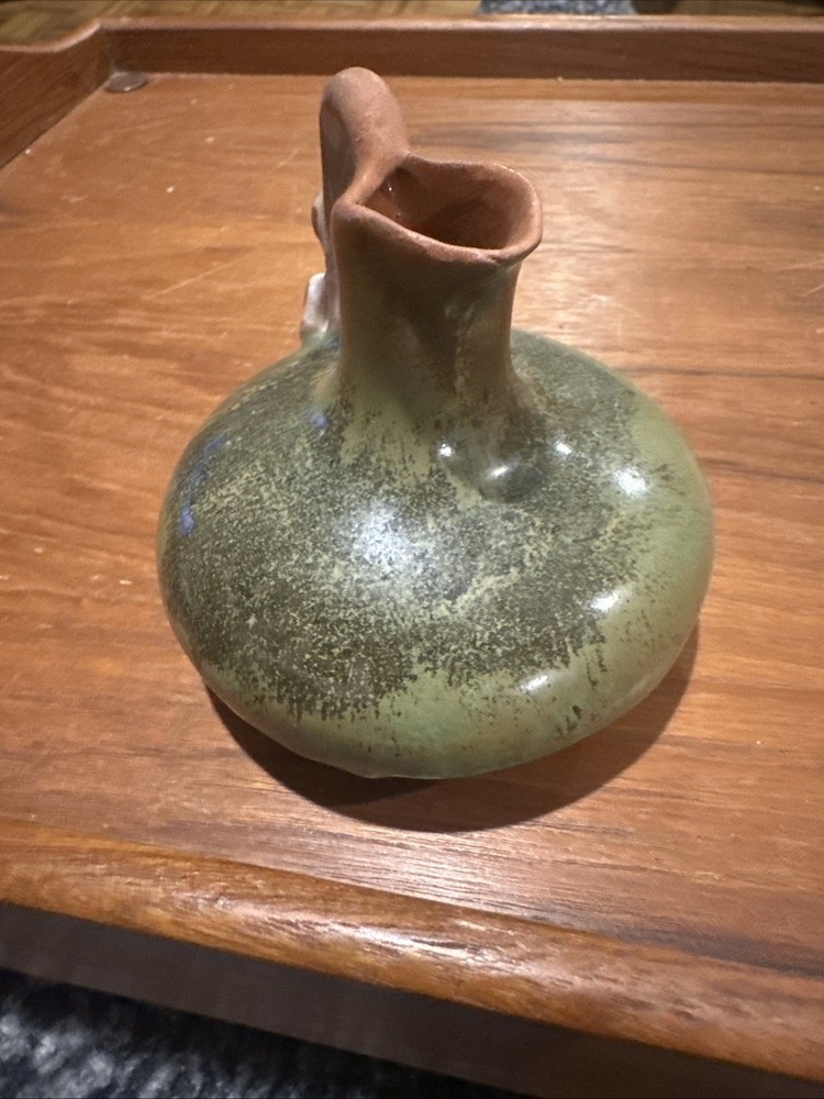 Handmade Studio Pottery Grey,Brown Green Glazed With Handle Mini Pitcher