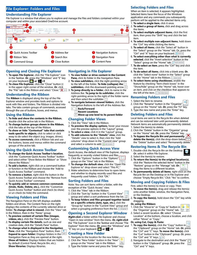 Windows 10 Training Guide Quick Reference Card 4 Page Cheat Sheet Instructions