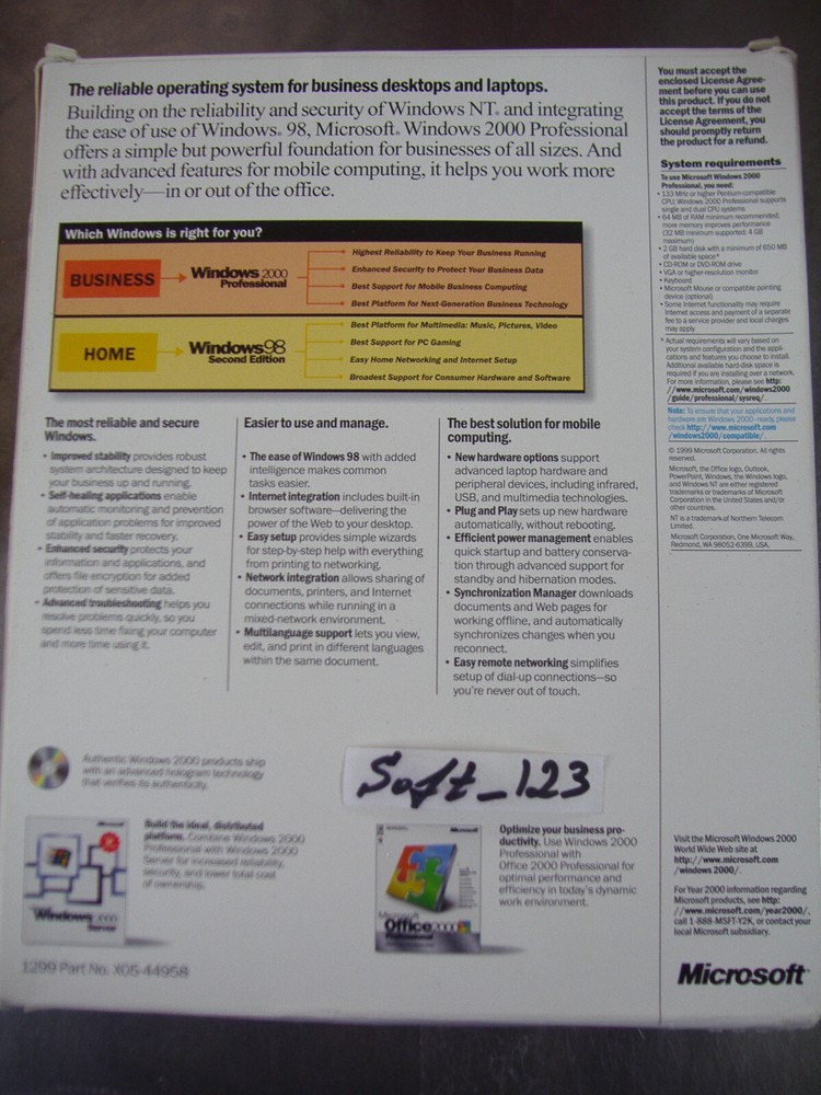 MICROSOFT WINDOWS 2000 PROFESSIONAL FULL OPERATING SYSTEM MS WIN PRO=NEW BOX=