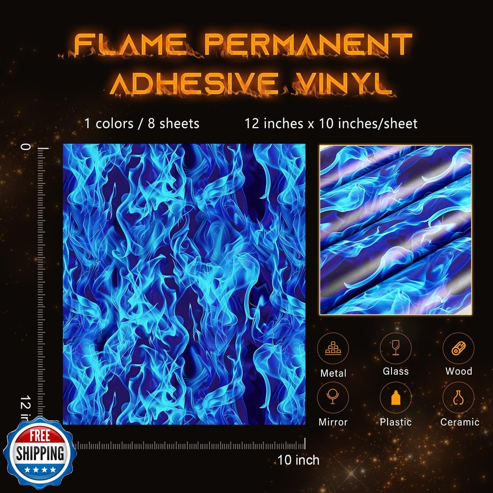 Tintnut Flame Permanent Adhesive Vinyl - 8 Sheets 12"x10" Blue Fire Patterned