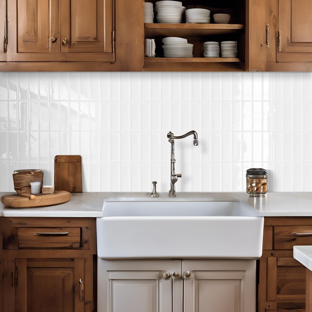 Plain White Peel and Stick Backsplash Tile Rectangle Subway Self Adhesive Wal...