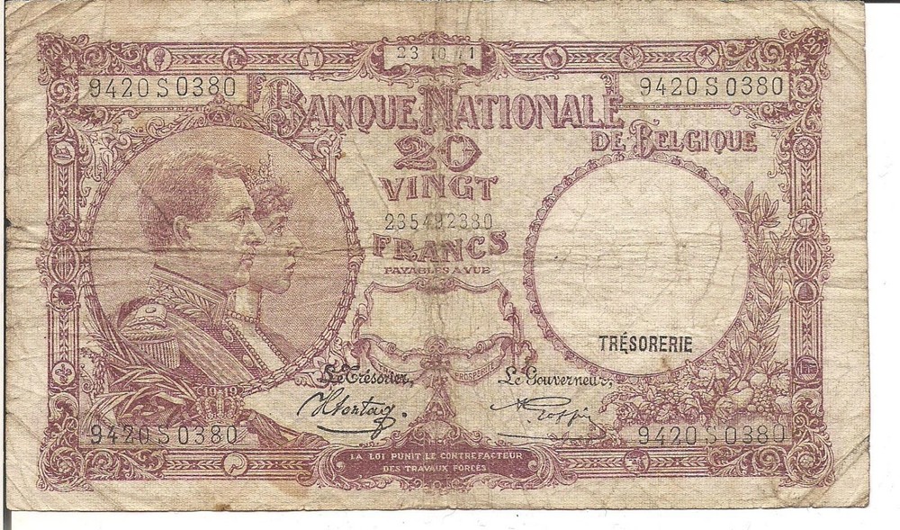 BELGIUM, 20 FRANCS, P#111, 1941