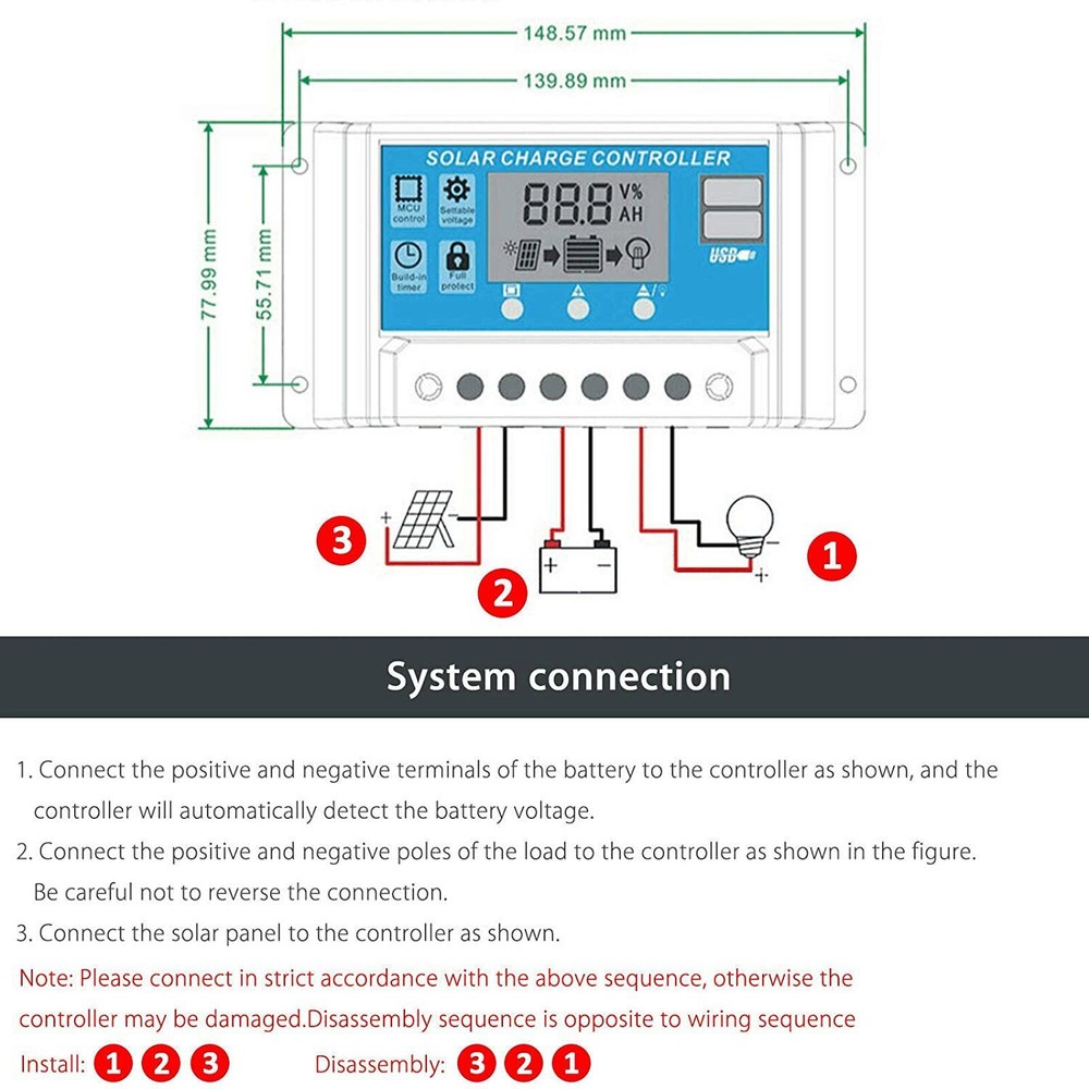 100A Solar Panel Regulator Charger Controller 12V/24V Auto Focus Tracking