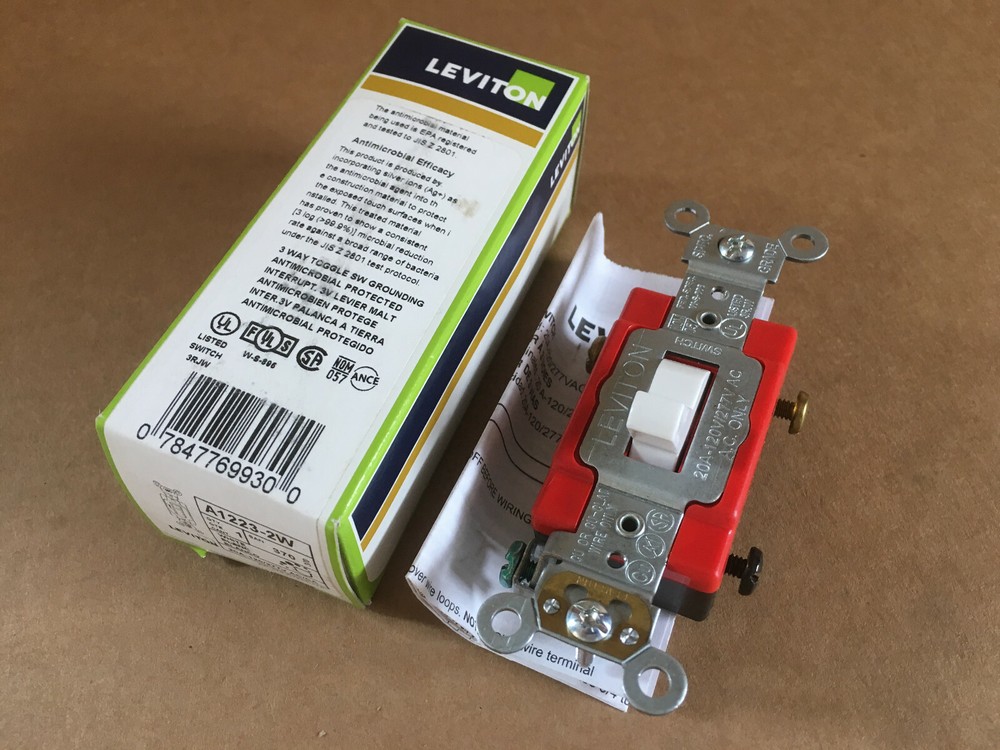 Leviton A1223-2W  Antimicrobial Treated Toggle, 3-Way AC Quiet Switch, White