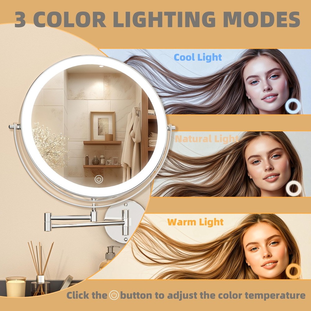 8.5" Wall Mounted Makeup Mirror with Light, 2000mAh Rechargeable Double Sided...