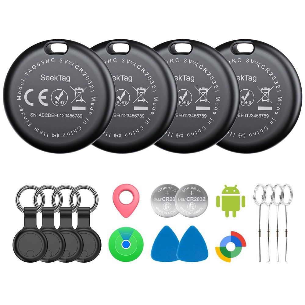 Android Users Luggage Tracker Tags - 4 Pack with Cases 2 Year Battery
