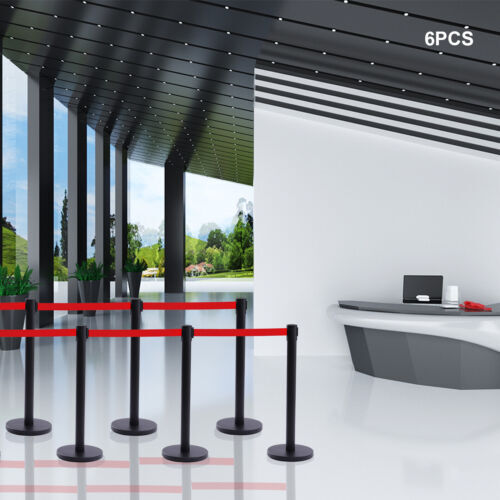 6PCS Black Stanchion Posts Queue Pole Retractable Belts Crowd Control Barrier