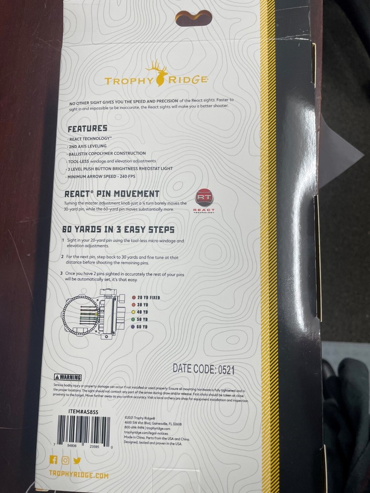 TROPHY RIDGE AS855 REACT H5 5 PIN SIGHT