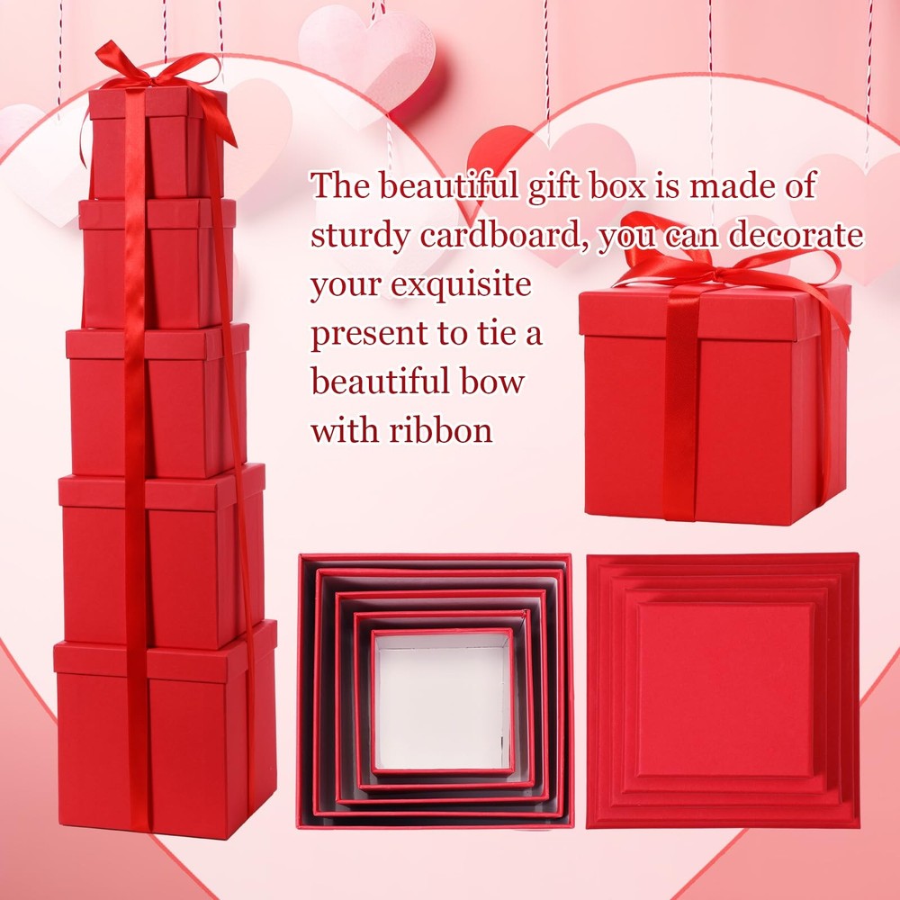 5 PCS Square Nesting Boxes Decorative Lids Ribbon Assorted Sizes Bright Red