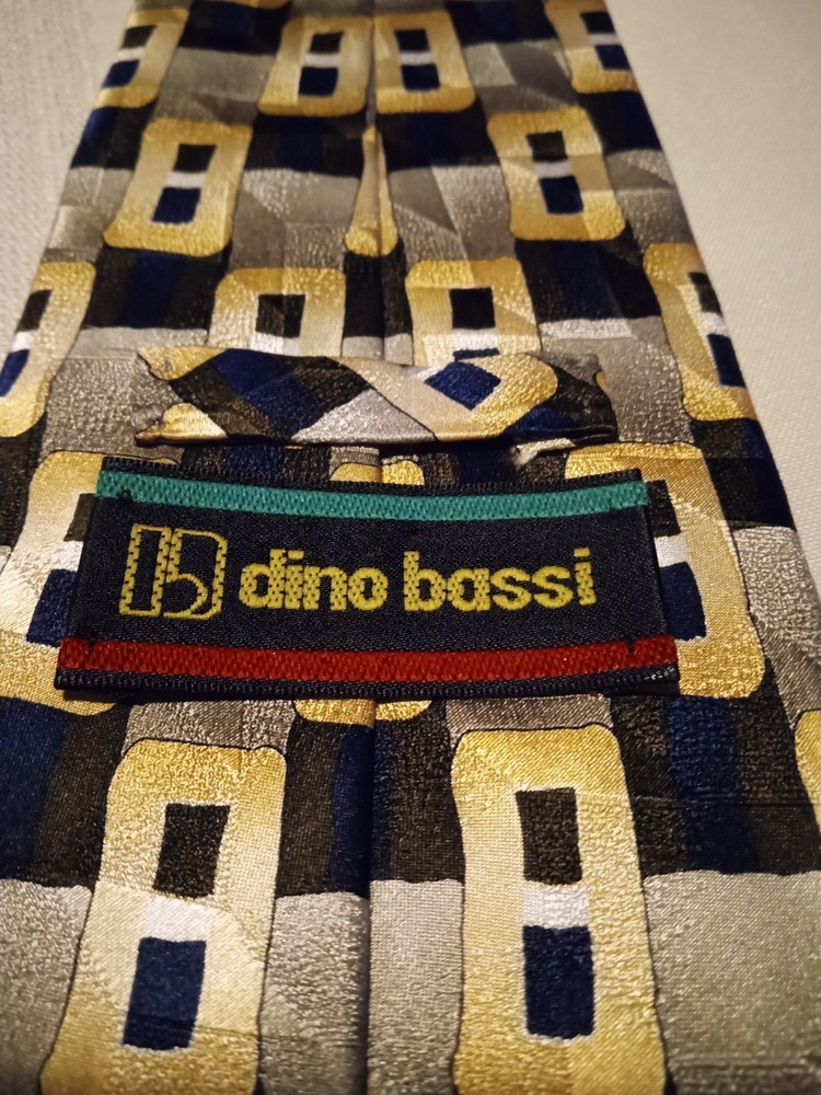 MENS SILK NECKTIE DINO BASSI SILVER TAN BROWN RECTANGLE PATTERN