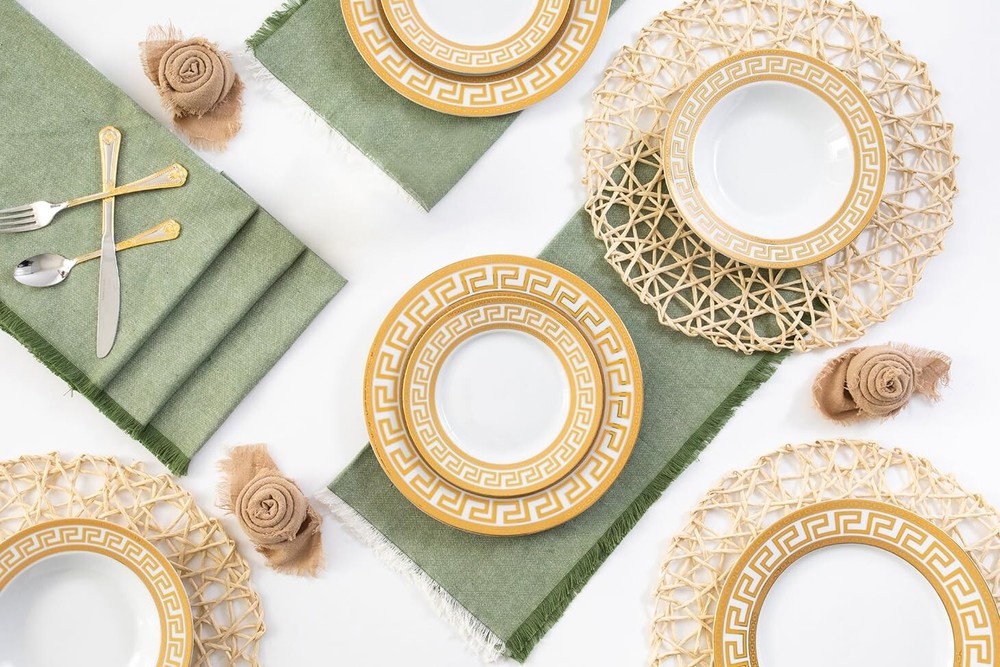 Dinnerware Set Service for 4 - White/Gold Greek Key Inspired Design Tableware