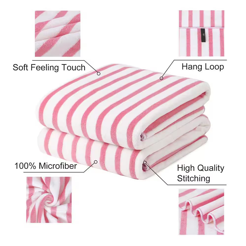 Microfiber Bath Towels Stripe Towel Sets Extra Absorbent Fast Drying Pink 2-Pack